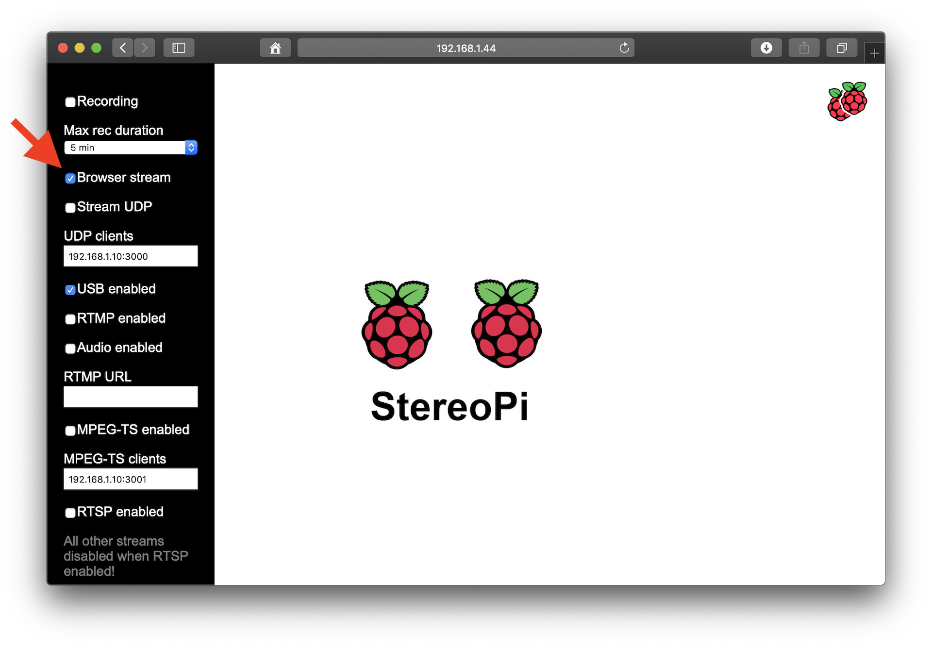 StereoPi SLP browser stream settings